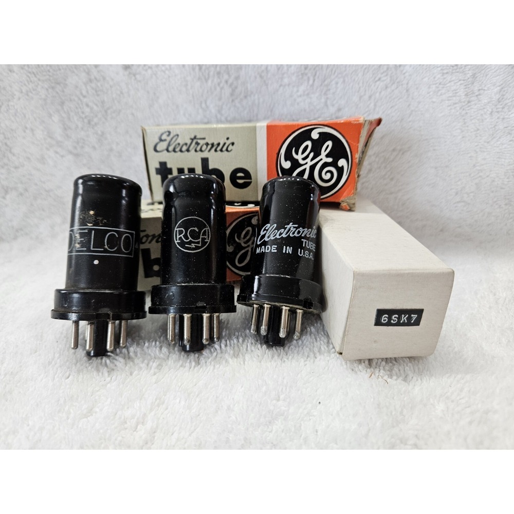 Three GE RCA‎ DELCO 6SK7 Vintage NOS Metal Radio Vacuum Tubes In Boxes. Untested